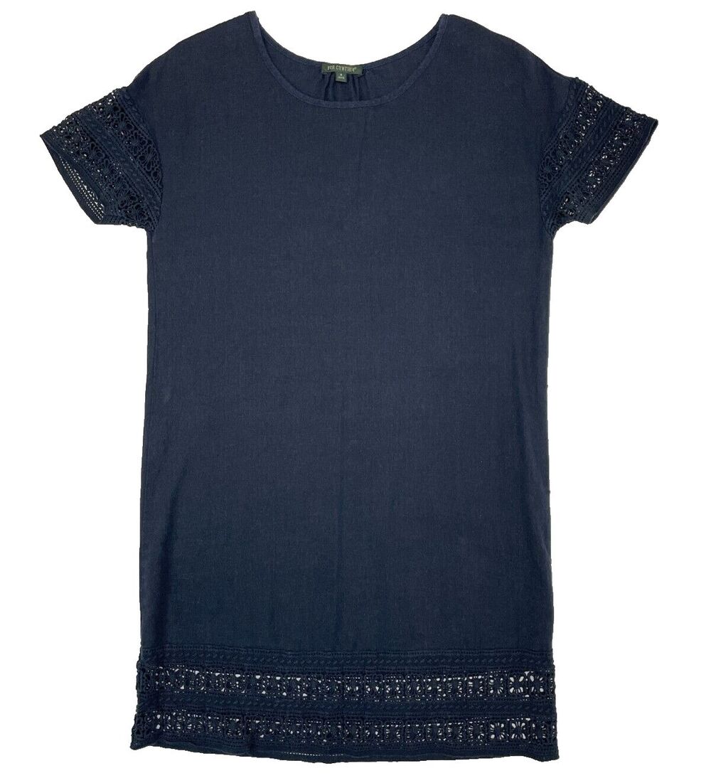 For Cynthia Linen Blend Mini Shift Dress Navy Blue Crochet Lace Trim Women's S